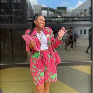 Farm Rio Banana Pitta Linen Blazer In Green Pink Size Large Jacket Long Sleeve